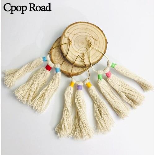 Cpop New Fashion Ethnic Macrame Earring Cotton Thread Feather Fringe Tassel Earrings Bridesmaid Jewelry Women Accessories Gift