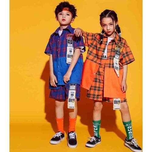 Kids Hip Hop Jazz Dance Costumes Girls Performance Show Street Dance Wear Boys Ballroom Dancewear Childrens Plaid Suit XS1451