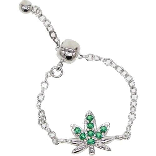Silver color green cubic zirconia paved 2019 summer fashion adjusted resizable leaf finger ring chain rings