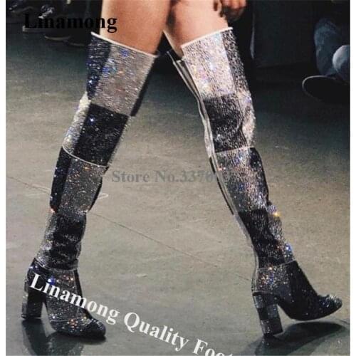 Linamong Bling Bling Patchwork Rhinestone Over Knee Chunky Heel Boots Shining Crystal Cube Long Thick High Heel Boots Party Shoe