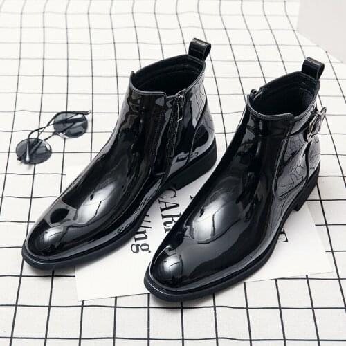 Misalwa Men Patent Leather Boots Chelsea Casual Young Men Trendy Shoes Glossy Pointy British Spring /Winter Men Boots 37-45 Size