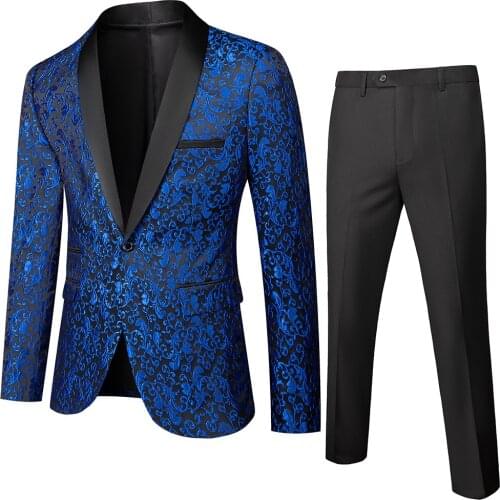 Mens 2 Pieces Blue Yellow Elegant Suits With Pants Brand Slim Fit Single Button Party Formal Business Dress Suit Male Terno 4XL