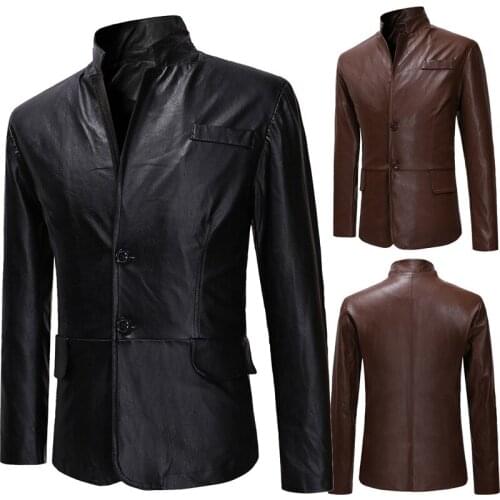 Mens Leather Clothing Long Sleeve Solid Color Stand Collar Single-Breasted Jacket Suit with 2 Buttons Casual Slim Type Tops
