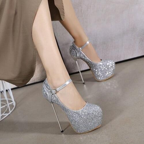 Sexy Elegant Bride Wedding Shoes ankle strap heels Silver High Heels Fashion Thin Heels Sequin Single Shoe Party Dress Pumps