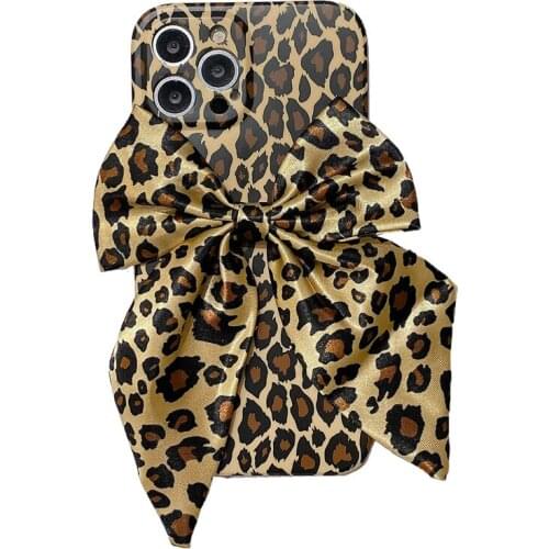 Luxury Leopard Print Pattern Silk Bow Phone Case for iPhone 12 11 Pro XS Max XR X 7 8 Plus Soft Silicon Brown Back Cover Coques