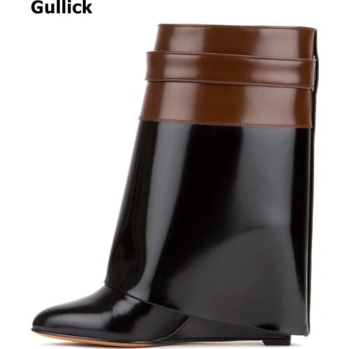 Gullick Hot Selling Mixed Color Brown and Black Leather Boots Wedge Round Toe high Quality Winter Shoes