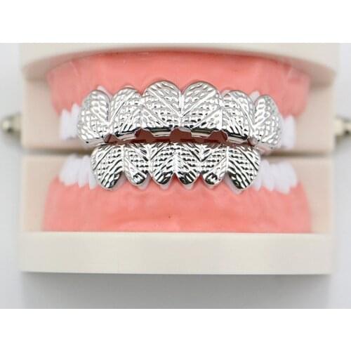 Chic Exquisite Novel gold coloren Plated Carved Cut Cross Teeth Grills Hip Hop Mouth Grill Cap 6Top&6Bottom Grill Set 1Pair