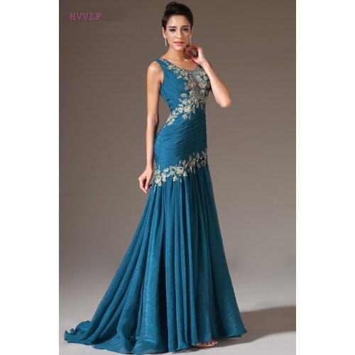 Blue Evening Dresses Mermaid Chiffon Appliques Beaded See Through Plus Size Long Evening Gown Prom Dresses Robe De Soiree