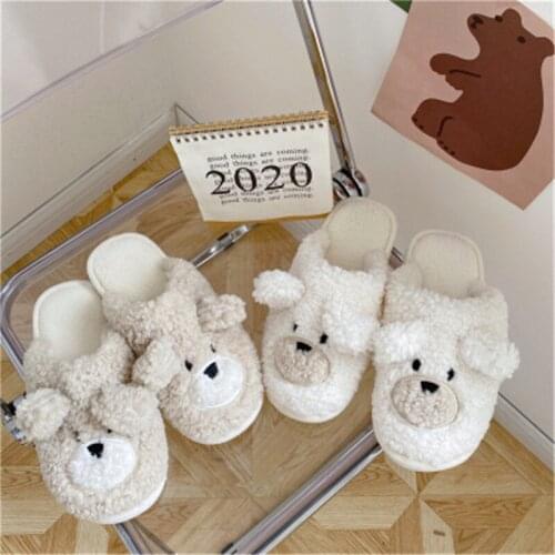 Winter Cute bear Design Furry Slippers For Women Indoor Bedroom Warm Plush Ladies Flats Shoes Slides Couples Fur Slippers