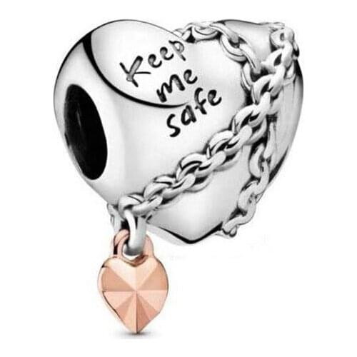 2019 New Original 925 Sterling Silver Bead Rose Chained Heart Charm Keep Me Safe Fit Pandora Bracelet Bangle DIY Women Jewelry