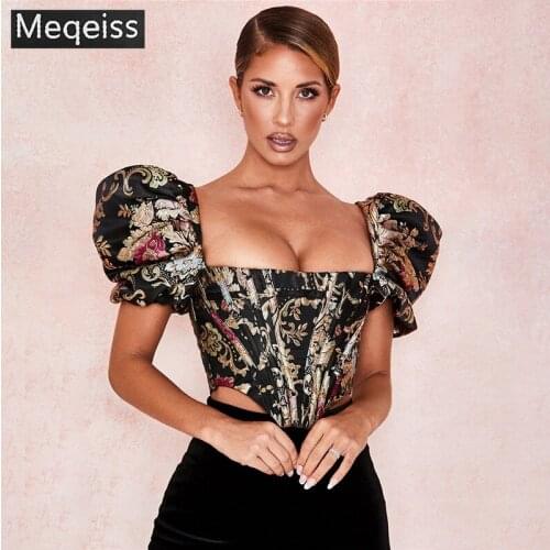 2020New summer Sexy Backless Zipper Shirts Blouse Women Elegant Square Collar Jacquard Boned Bustier Crop Tops Shirt Puff Sleeve