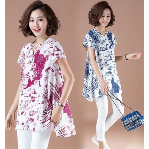#3008 Summer Blue Red Mid-length Cotton Linen Blouse Women Short Sleeved Vintage Tie Dyed Printed Plus SIze Blouses For Women