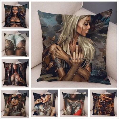 Abstract Cool Sexy Girl Tattoo Canvas Print Pillow Wear Glasses Sex Women Super Soft Short Plush Pillow Case Cushion Cover