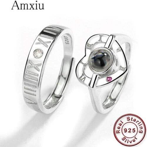 Amxiu 2 Pieces Open Rings S925 Sterling Silver Projection Couple Ring 100 languages I love you Roman Numerals Rings for Wedding