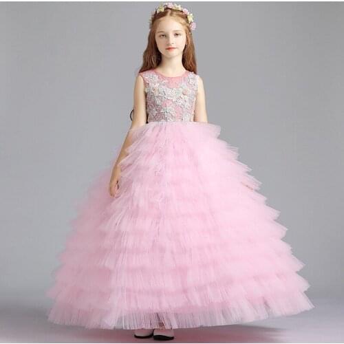 Flower Girl Dresses Princess Appliques Pearls Embroidery Crystal O-Neck Floor-Length Lace Tulle Ball Gown Kids Party Skirt H048