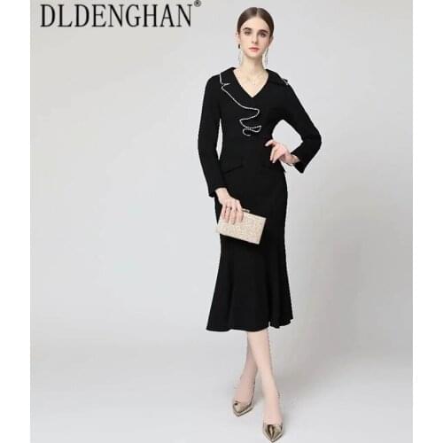 DLDENGHAN Fashion Designer Autumn Mermaid Dress Women V-Neck Beading Ruffles Black Midi Evening Party Dresses