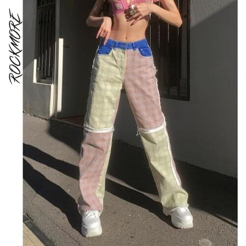 Rockmore Baggy Plaid Patchwork Jeans Woman High Waist Straight Pants Y2K Harajuku Denim Trousers Streetwear E Girl Vintage Capri