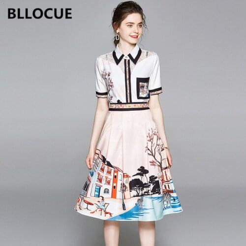 BLLOCUE Elegant Printed Two-piece Set Women Casual Short Sleeve Shirt Top + Midi Skirt Set Office Ladies 2PCS Clothing Set