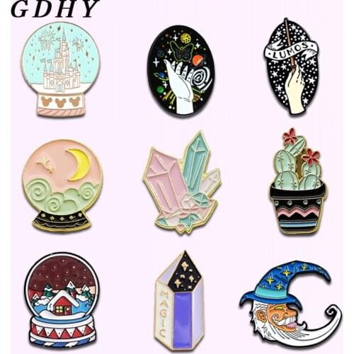 GDHY Cute Fairy tale Enamel Pins Crystal ball Crystal wizard witchcraft Botany Potted plant Cactus Lapel Badge Jewelry Brosche