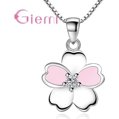 Hot 925 Silver Cherry Blossoms Necklace Flower Silver Chain Color Pink Purple Crystal Pendant Necklaces Jewelry Collier Femme