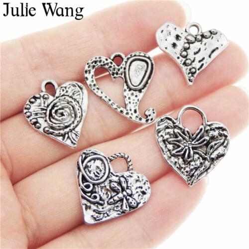 Julie Wang 5pcs Heart Shape Charms Alloy Mixed Tree Spiral Dragonfly Silver Color Necklace Bracelet Jewelry Making Accessory
