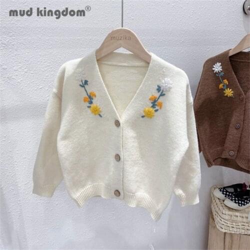 Mudkingdom Girls Cardigan Sweater Fashion Hook Flower Embroidery Long Sleeve Outerwear V-neck Tops Kids Spring Autumn Clothes