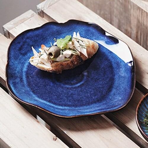 European irregular retro ceramic tableware blue breakfast plate restaurant kiln changed western steak plate household dish plate