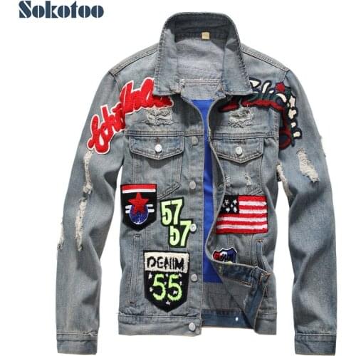 Sokotoo Mens American flag badge patch design slim denim jacket Vintage letters patchwork ripped distressed coat Outerwear
