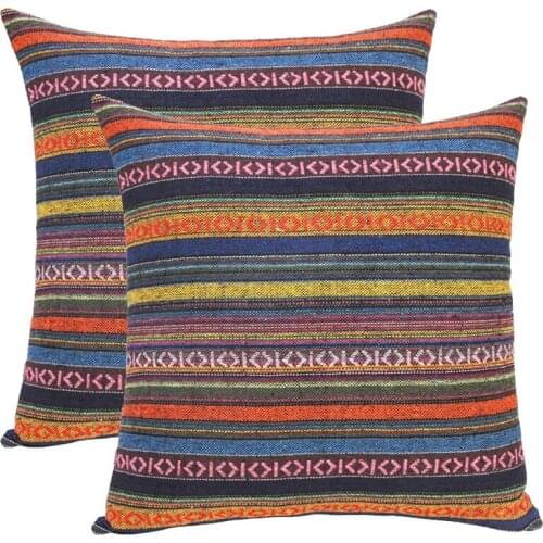 Set Of 2 Bohemian Throw Pillow Covers Decorative Boho Mexican Retro Stripe Multicolor Pillow Cases, For Sofa 18X18inch