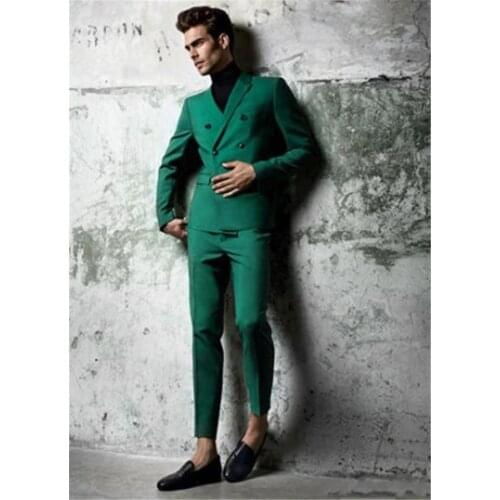New Fashion Double Breasted Green Groom Tuxedos Groomsmen Peak Lapel Mens Suits Blazers (Jacket+Pants+Tie) W:813