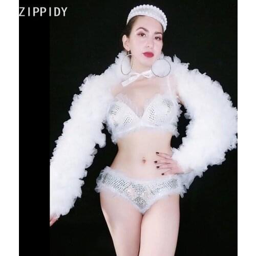 New Silver Rhinestones White Lace Bra Short Shawl Bikini Outfit Women Singer Lingerie Birthday 3 Piece Outfit Set