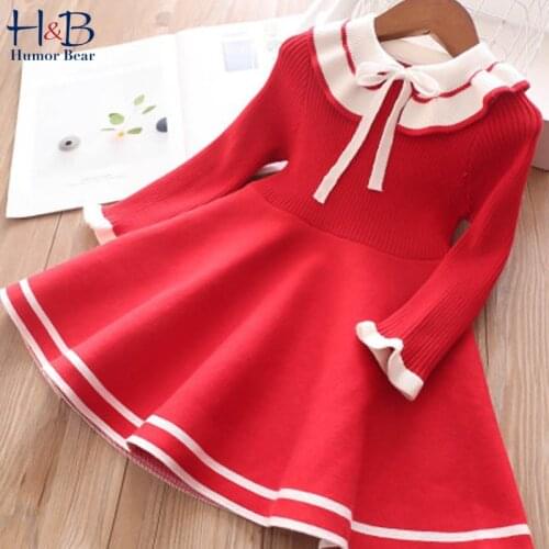 Humor Bear Girls Sweater Dress NEW Autumn Long Sleeve Lapel Collar Sweet Bow Patchwork Warm Knitted Dress Toddler Clothes