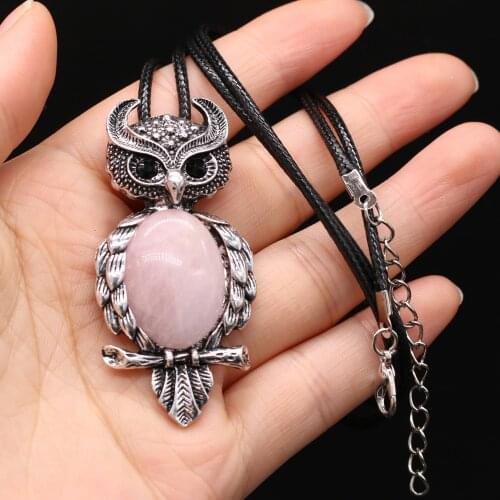 Natural Shell Alloy Pendant Cute Owl Necklace Blue Sand Stone Amethyst DIY Retro Trend Necklace Sweater Chain Jewelry Gem Making