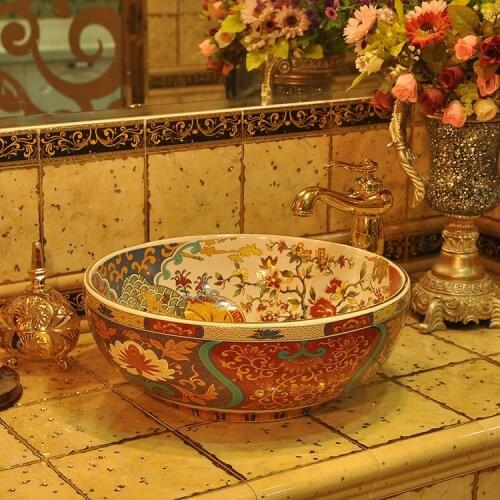 Semi Counter Europe Vintage Style Ceramic Art Basin Sinks Counter Top ceramic wash basin bathroom sinks gold color