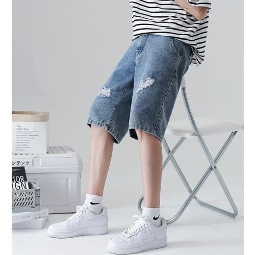 Distressed Denim Middle Pants Men Trend High Street Overalls Summer Jeans Casual Loose Five-point Straight Wide-leg Shorts M-5XL