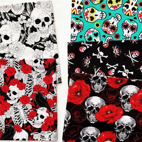 Wide110cm Retro rose skull Skeleton 100% Cotton Fabric Skull Printed Sewing Material Diy Home Cloth Dress Mask Pillow decoration