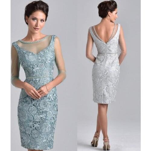 2020 Amazing Blue Knee Length Lace Mother of the Bride Dresses With Three Quarter Sleeve Mother of the Groom Gowns Back Out