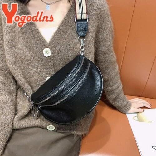 Yogodlns Vintage Black Chest Bag for Women Soft Leather Shoulder Crossbody Bag Wide Shoulder Strap Waist Bag Brands Fanny Pack
