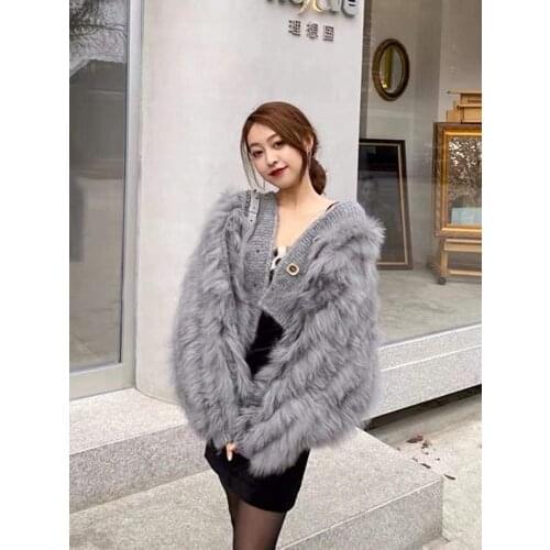 Girls Real Fox Fur Knitting OverSize Loose Spring Fox Fur Strip Sewed Together Outside Short Ladys Fashion Sexy Sweater Coat
