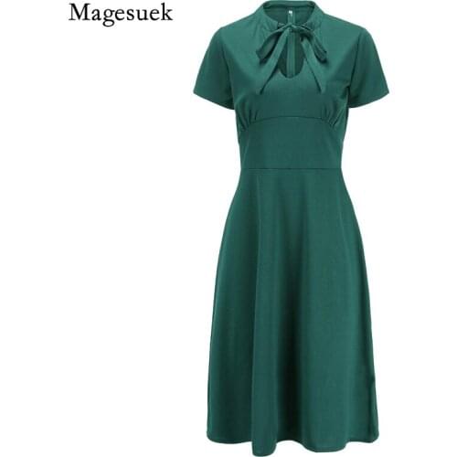 2021 Green Bow V Neck Short Sleeve Dress for Women Casual Office Lady Dress Simple Summer Women Maxi Dress Vestido Robe 14593