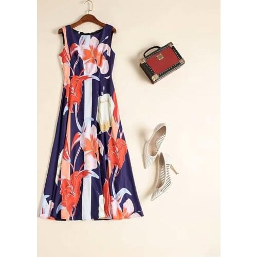 Womens European and American dress 2021 summer new styles Sleeveless round neck flower print Fashionable dress