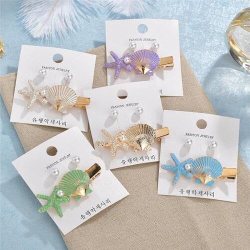 2PCs/Set Pearl Earrings Fashion Sea Shell Conch Hair Clip For Women Girl Bridal Metal HairPin Barrette Hair Accessories Jewelry