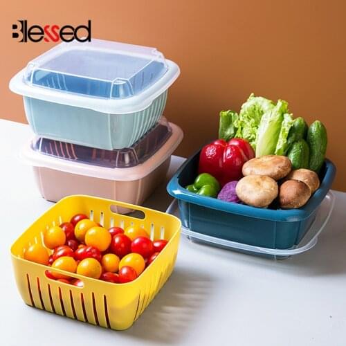 BPA free Double-Layer Drain Basket Lid Refrigerator Crisper Multifunctional Square Washing Vegetable Basket Kitchen Organizer