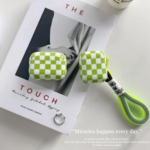 Fashion Green Checkerboard Case For Apple AirPods 1/2/3 Earphone Case with Lanyard Ornaments AirPods Pro Soft IMD Protect Cover