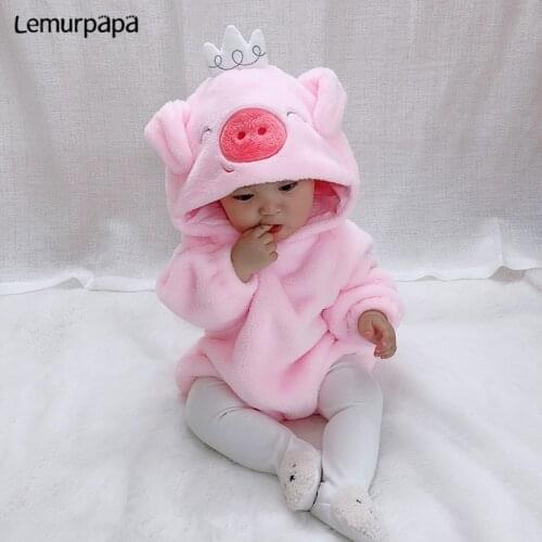 Infant Baby Clothes Romper Winter Newborn Baby Costume Onesie Cartoon Crown Pink Pig Ropa Bebe Soft Flannel Toddler Outfit 0-3Y
