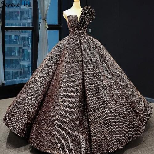 Dubai Brown Sequined Sleeveless Bling Wedding Dress 2021 One Shoulder Luxury Sexy Bridal Gowns HM66860 Cusotm Made