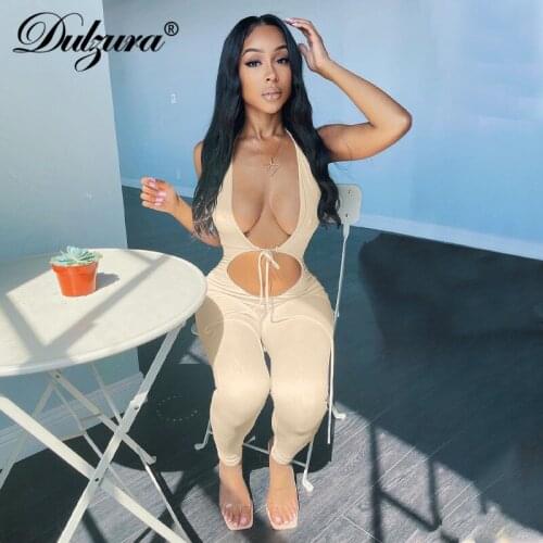 Dulzura Solid Women Halter Jumpsuit Lace Up Hollow Out Backless Bodycon Sexy Streetwear Club Sporty Casual 2021 Summer Rompers