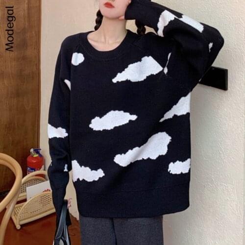 Modegal Women Kawaii Cloud Printed Pullover Sweatshirt O-neck Loose Cute Knitted Sweater Long Sleeve Top Autumn Korean Fashion