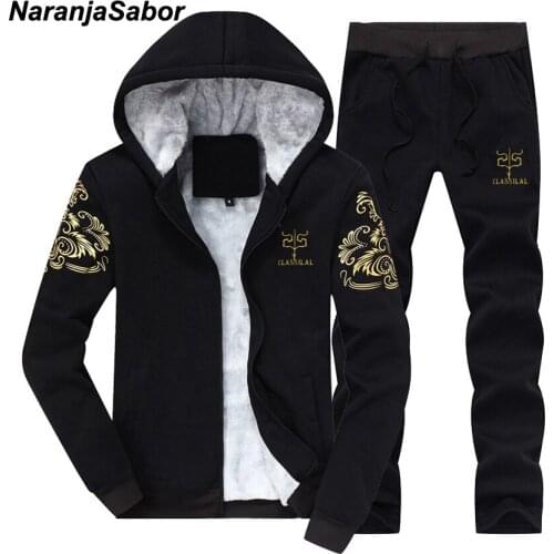 NaranjaSabor Mens Hooded Sets Fleece Coat + Pants Winter Warm Male Tracksuit Printed Hoodies Casual Suits Mens Sportswear N452