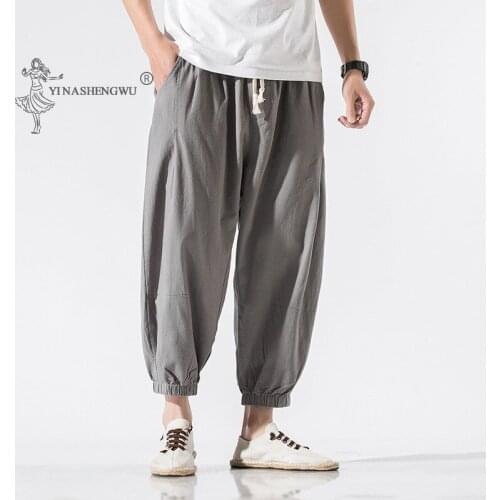 Men Cropped Pants Japanese Style Kimonos Harajuku Yukata Casual Printed Loose Harem Trouser Asian Japan Traditional Male Costume